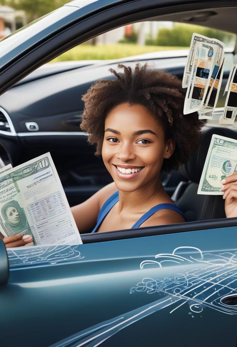 A split image showcasing a teenage driver on one side, smiling confidently behind the wheel of a car, while on the other side, a detailed illustration of various insurance policies and coverage options swirling around a calculator and dollar bills. The background transitions from a daytime driving scene to a financial planning workspace, emphasizing the journey of understanding vehicle protection plans. super-realistic. vibrant colors. clean and modern design.