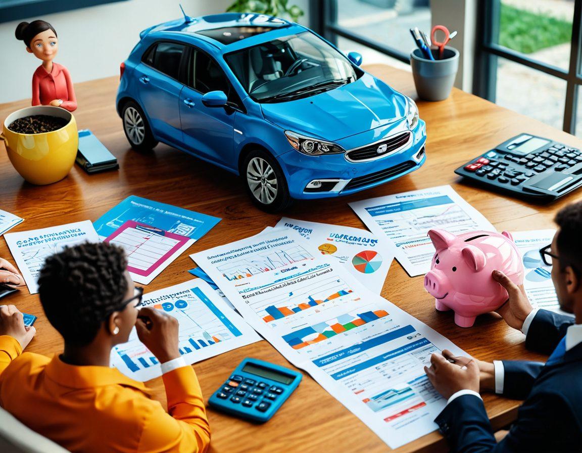 A diverse group of people discussing car insurance options around a table full of calculators, charts, and brochures. Incorporate a visual of a smart piggy bank symbolizing savings, while a car model model sits in the background. The setting should feel informative yet friendly, inviting viewers to explore smart savings. vibrant colors. vector art.