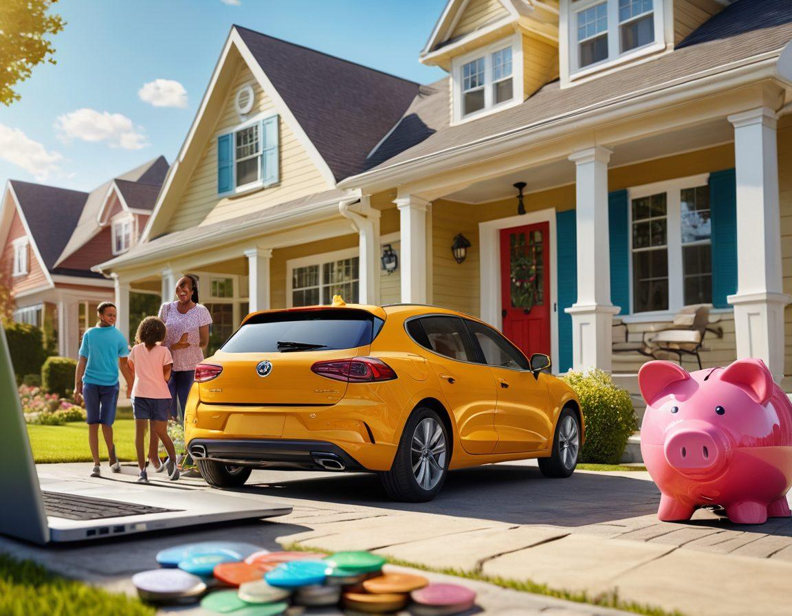 A visually striking scene depicting a family looking excited while comparing car insurance options on a laptop, with a car in the foreground displaying various price tags. Incorporate icons of savings, like piggy banks and coins, floating around them, creating an atmosphere of financial freedom. The background should feature a sunny day and a suburban neighborhood to evoke a sense of comfort and security. vibrant colors. super-realistic.